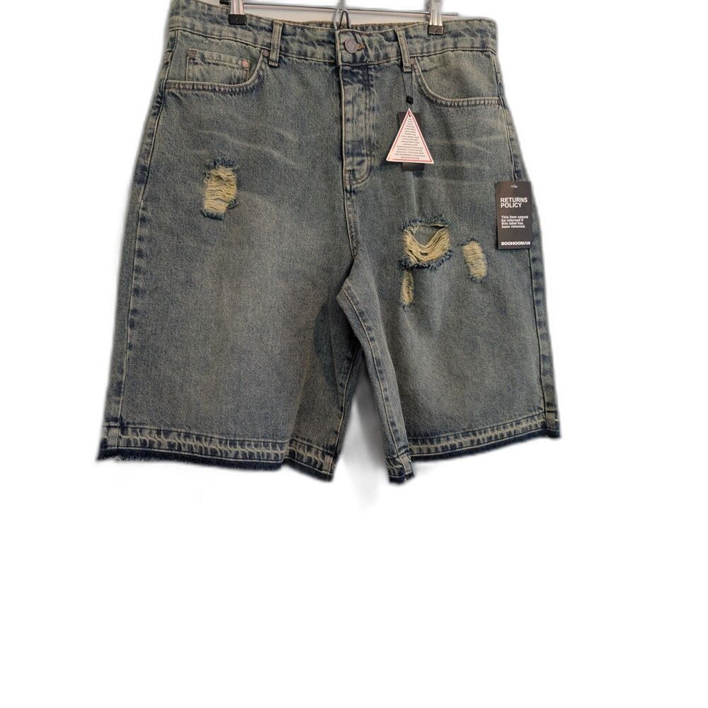 Man Boohoo Blue Button Fly Distressed Denim Shorts Size 36